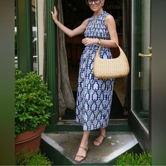 J. McLaughlin The Ciri Maxi Dress Blue Damask 100% Cotton Ruched Bodice Casual - Picture 5 of 14